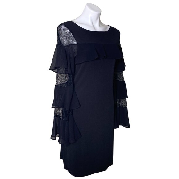 White House Black Market Black Lace Sheath Dress, Long Bell Sleeve Women's M - Picture 5 of 13